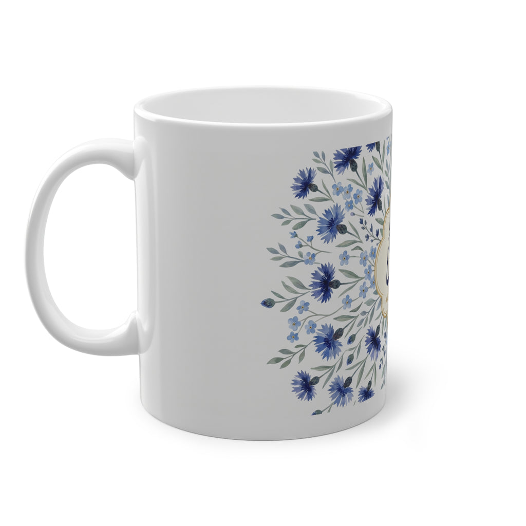 Mug prénom Mouhammad محمد, calligraphie arabe bleu marine entourée de bleuets et médaillon doré – Heritage Arabic