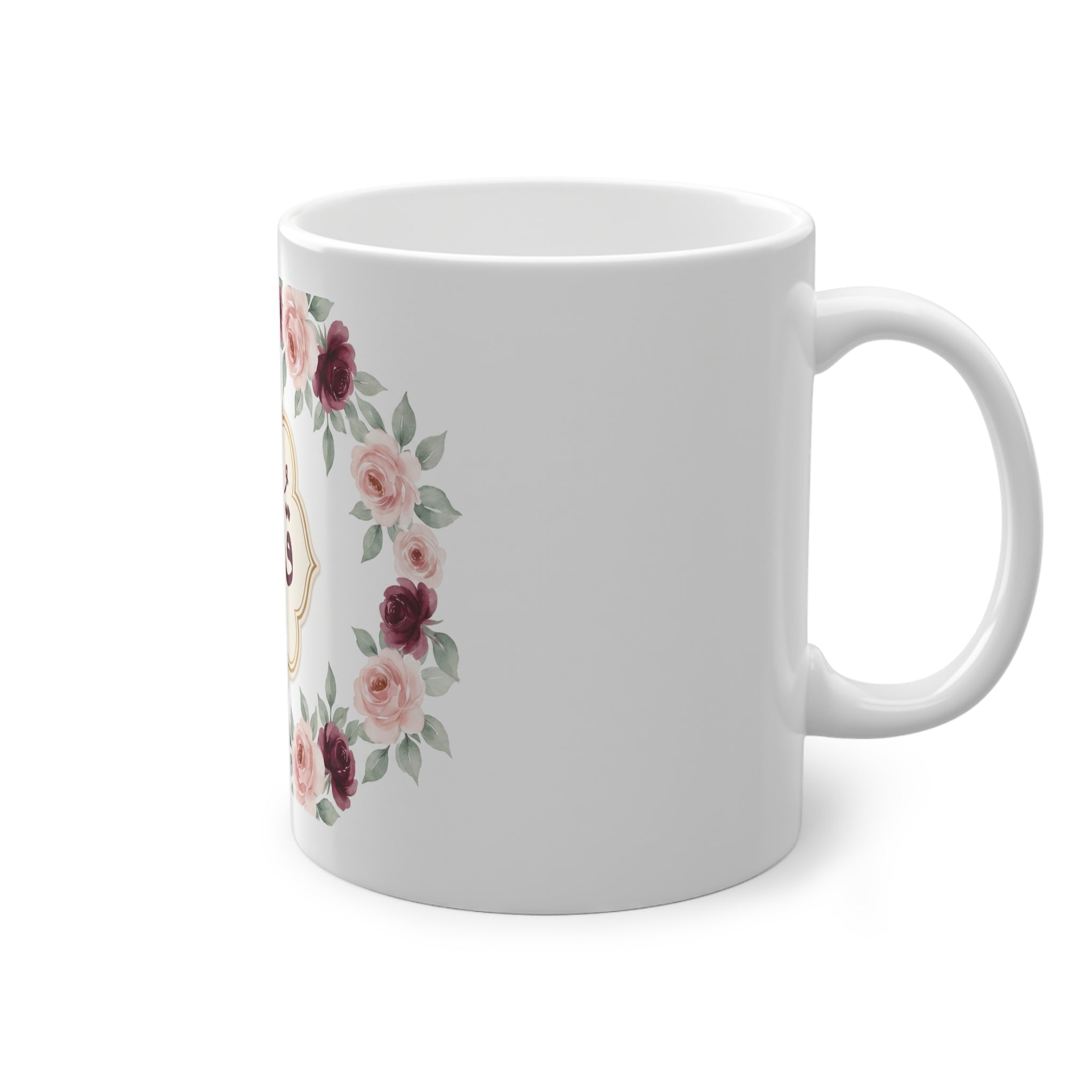 Mug prénom Qouds قدس, calligraphie arabe entourée de roses et médaillon doré – Heritage Arabic