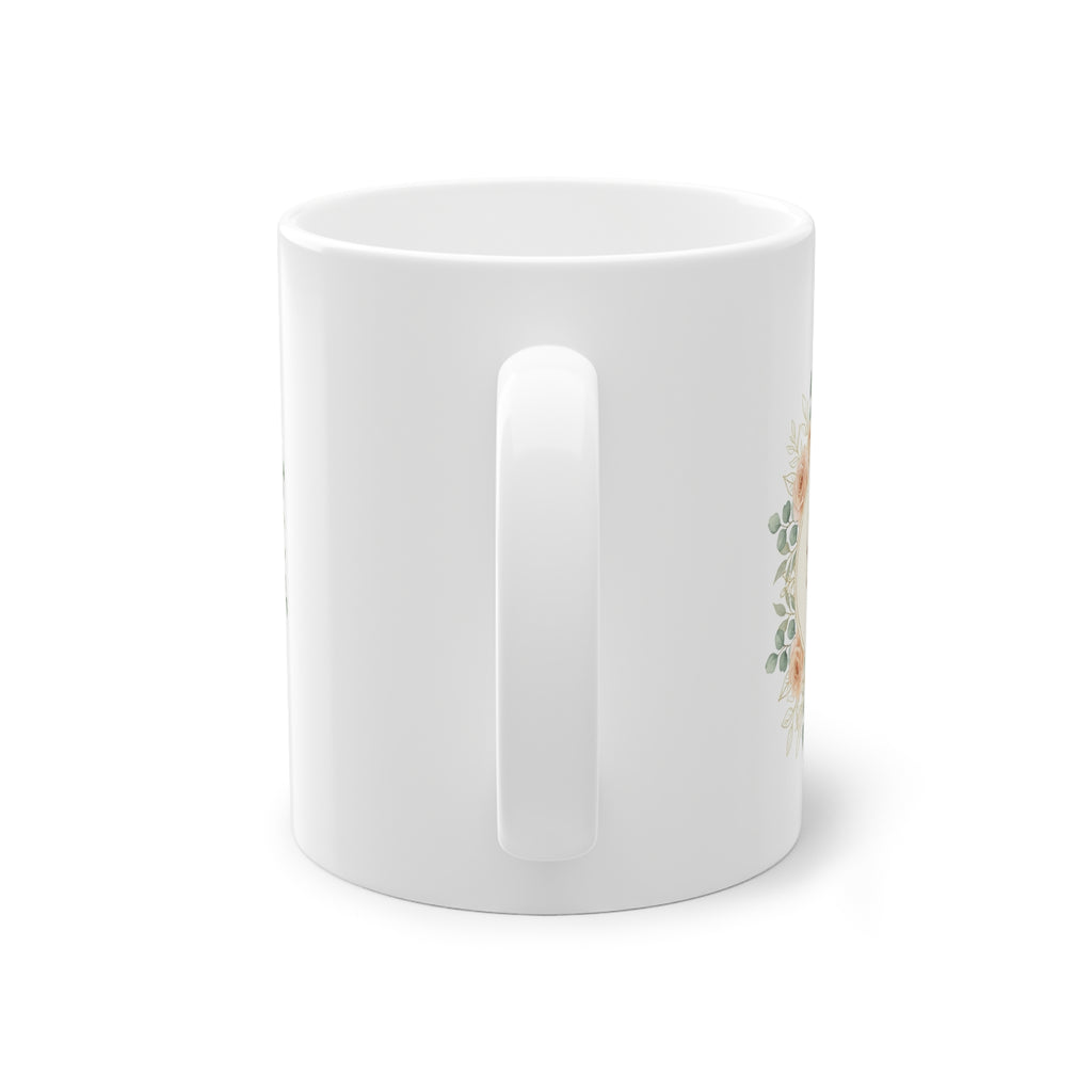Mug prénom Jouwairiyya جويرية, calligraphie arabe décor floral – Heritage Arabic