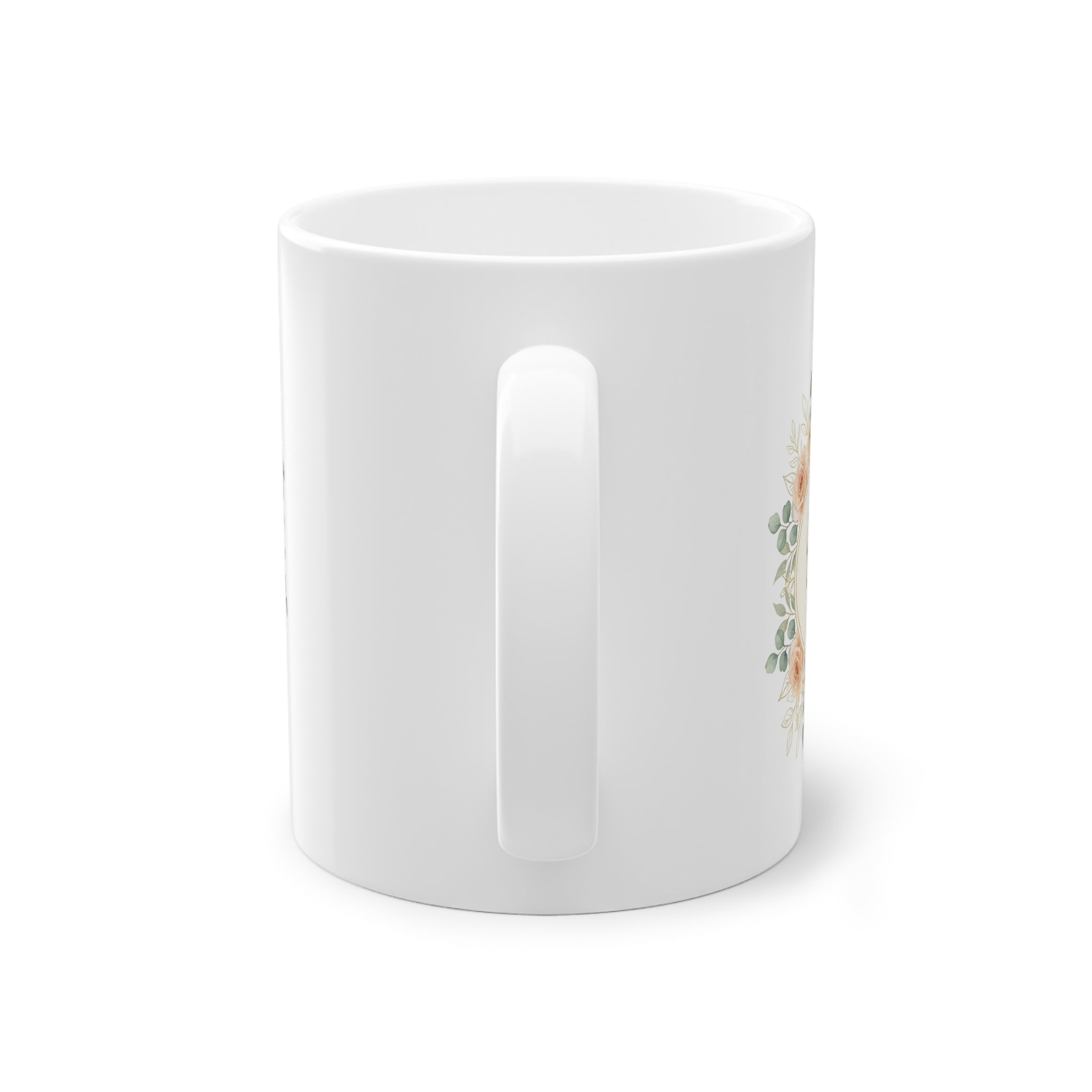 Mug prénom Jouwairiyya جويرية, calligraphie arabe décor floral – Heritage Arabic