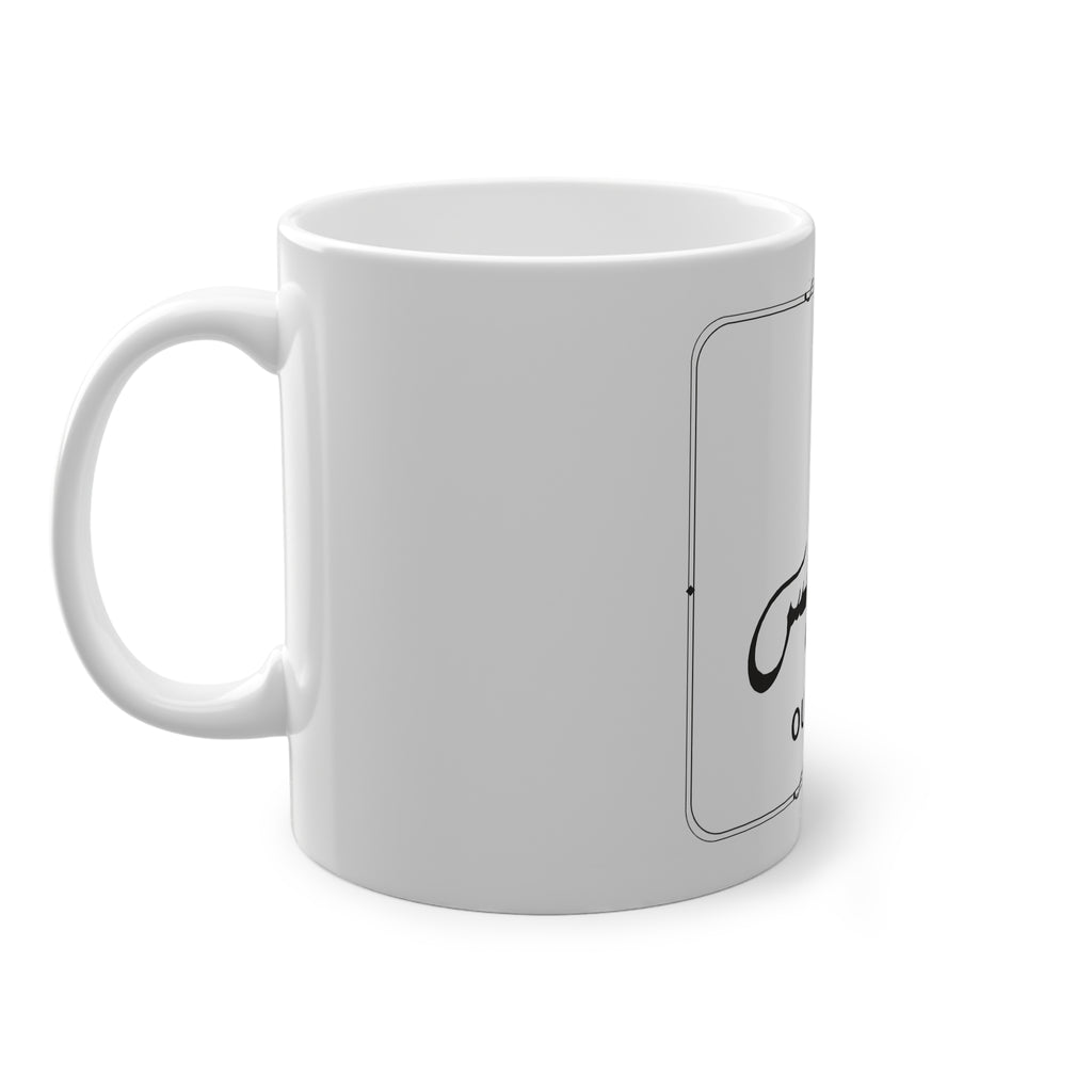 Mug prénom Ouwais أويس blanc, calligraphie arabe Diwani noire et filet losange – Heritage Arabic