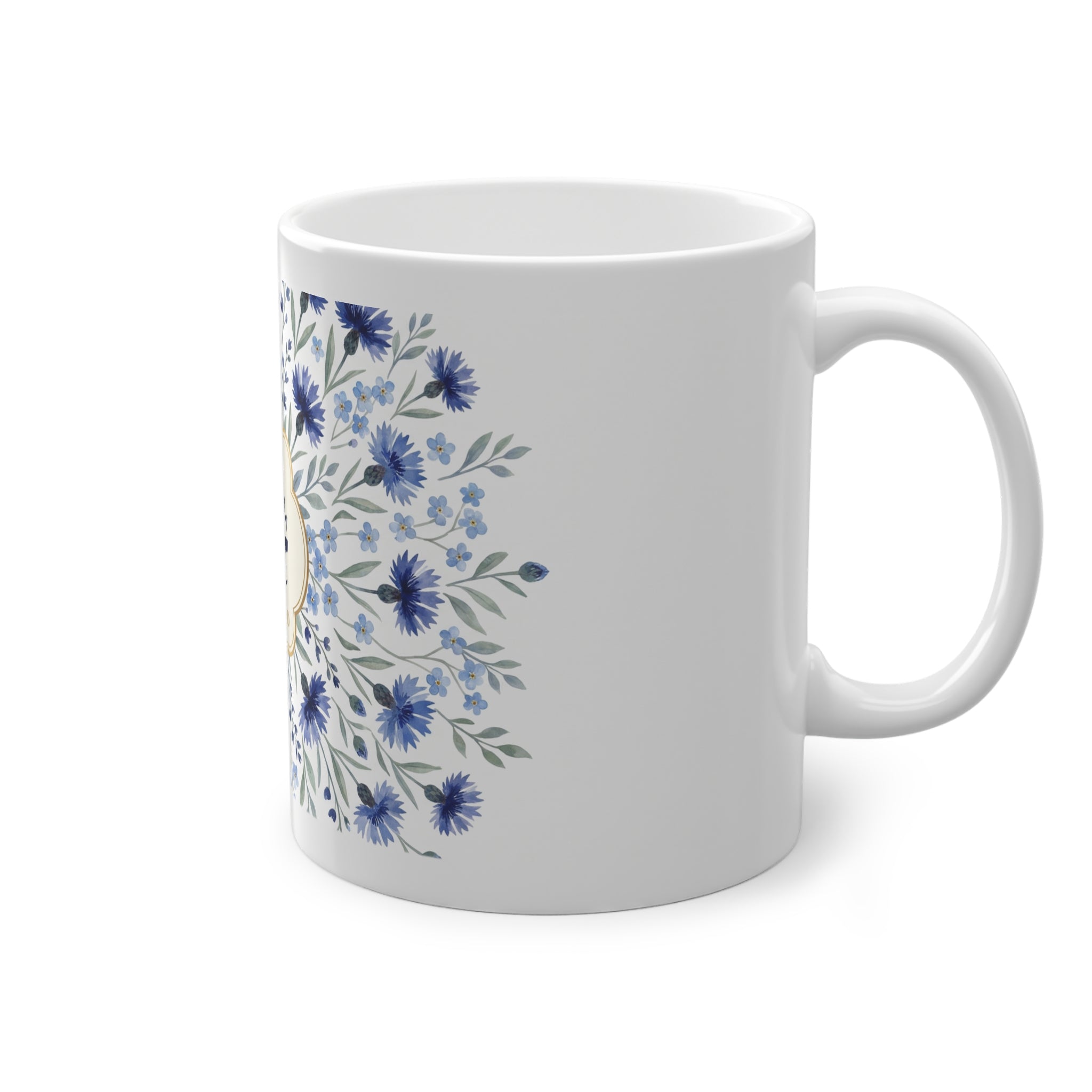 Mug prénom Mouhammad محمد, calligraphie arabe bleu marine entourée de bleuets et médaillon doré – Heritage Arabic
