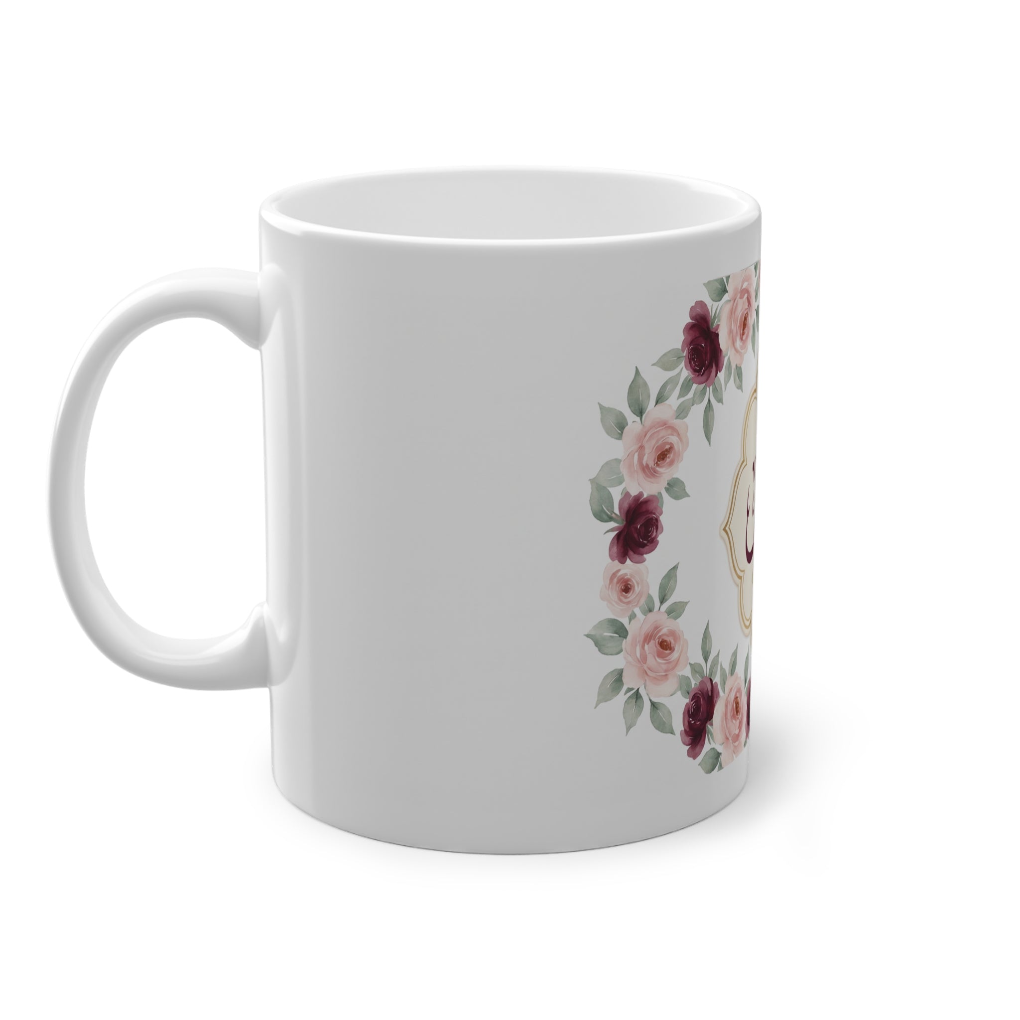 Mug prénom Qouds قدس, calligraphie arabe entourée de roses et médaillon doré – Heritage Arabic